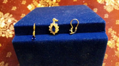 Set Baby Bijoux (pentru fetite), cercei si pandantiv din aur 14k, 2,4 gr, marcaj existent, montura cu zirconiu si cristale albastru-safir, nou foto