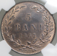 [ - H - ] Romania - 5 Bani 1867 Watt NGC MS65 RB Rar in aceasta stare! foto