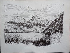 Desen in tus , Peisaj montan , semnat si datat 1966 , provine din galerie elvetiana foto