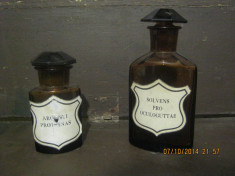 Vintage-Sticla sticluta Recipient Farmacie,lot de doua buc,inaltime 12cm si 17cm foto