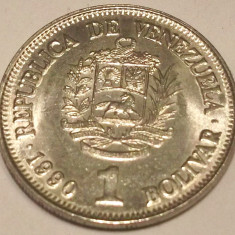 S1. VENEZUELA 1 BOLIVAR 1990, 4.20 g., Nickel Clad Steel, 23 mm AUNC **