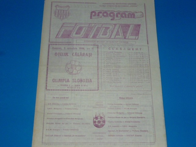 Program meci fotbal OTELUL CALARASI - OLIMPIA SLOBOZIA 02.11.1986