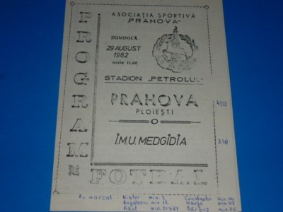 Program meci fotbal PRAHOVA PLOIESTI - IMU MEDGIDIA 29.08.1982 foto