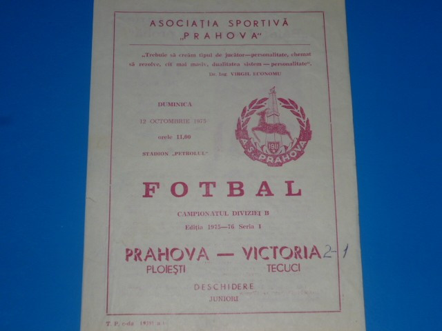 Program meci fotbal PRAHOVA PLOIESTI - VICTORIA TECUCI 12.10.1975