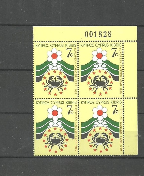 CIPRU 1989 - MEDICINA, LUPTA CONTRA CANCERULUI, timbru in BLOC DE 4 MNH, PT7