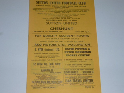 Program meci fotbal SUTTON UNITED - CHESHUNT (Anglia) 04.12.1971 foto