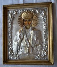Icoana Argint si Aur in relief din 1930 (DIMENSIUNI MARI) / Icoana veche argint anii 1930 / Icoana argint dimensiuni mari cu Sf. Nicolae 33 x 40 cm foto