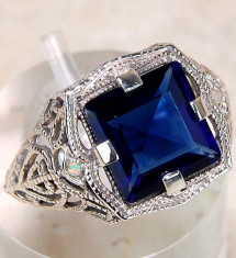 Inel Victorian Style (Ag 925): &amp;#039;Kashmir Blue&amp;#039; SAFIR 3CT, Fire OPAL, filigran!!! foto