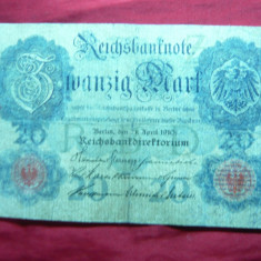 Bancnota 20 Marci 1910 Germania , cal.mediocra , serie 7 cifre ,Eroare: cifra 1 mai mica