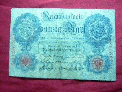 Bancnota 20 Marci 1910 Germania , cal.mediocra , serie 7 cifre ,Eroare: cifra 1 mai mica foto