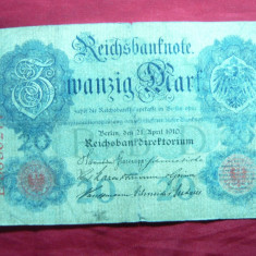 Bancnota 20 Marci 1910 Germania , cal.mediocra , serie 7 cifre