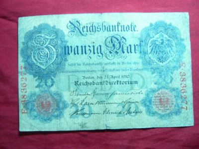 Bancnota 20 Marci 1910 Germania , cal.mediocra , serie 7 cifre foto