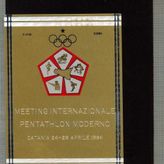 ATAM2001 MEDALIE 331-PLACHETA OLIMPICA -MEETING INTERNAZIONALE PENTATHLON MODERNO-CATANIA 1984-ITALIA -SUPERBA-CUTIE ORIGINALA -starea care se vede