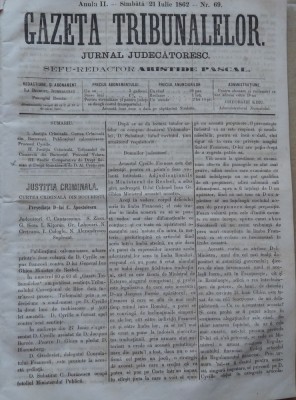 Gazeta tribunalelor , nr. 69 , an 2 , 1861 foto