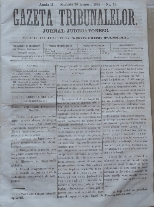 Gazeta tribunalelor , nr. 72 , an 2 , 1861