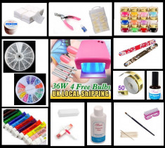 Kit Manichiura UV - include Lampa 36w, Gel constructie, topcoat, gel colorat, vopsea acrilica,pensula, cleanser,servetele, strasuri,fimo,tipsuri etc. foto