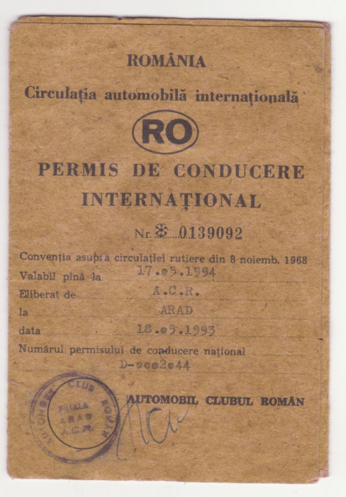 PERMIS DE CONDUCERE INTERNATIONAL ELIBERAT DE A.C.R. ARAD