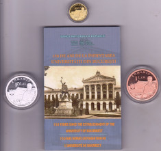 Set Monede BNR 150 de ani de la infiintarea Universitatii din Bucuresti 100 Lei 2014 (aur) , 10 Lei 2014 (argint) , 1Leu 2014 ( tombac cuprat) foto