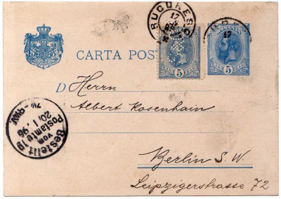 CARTE POSTALA CIRCULATA BUCURESTI - BERLIN 1896 ; MARCA 5 bani P E R F O R A T A foto