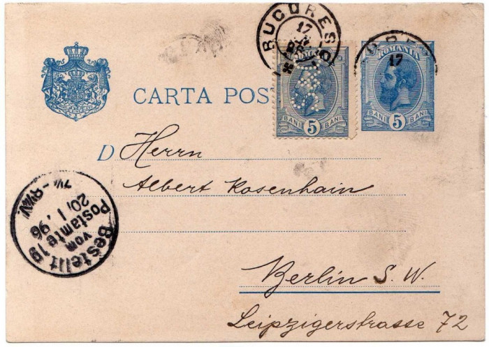 CARTE POSTALA CIRCULATA BUCURESTI - BERLIN 1896 ; MARCA 5 bani P E R F O R A T A