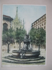 PIAZZA FONTANA din MILANO , veche LITOGRAFIE semnata , inramata , sticla de protectie / tablou foto