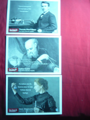 Set 3 Ilustrate Da Vinci Learning - Galilei , M.Curie , Edison , cu o cugetare foto