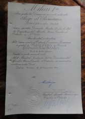 Okazie RARA - Brevet Ordinul Coroana Romaniei - GRAD MARE OFITER CIVIL SEMNATURA REGELE MIHAI si MIHAI ANTONESCU acordat unui Adjutant al lui A Hitler foto