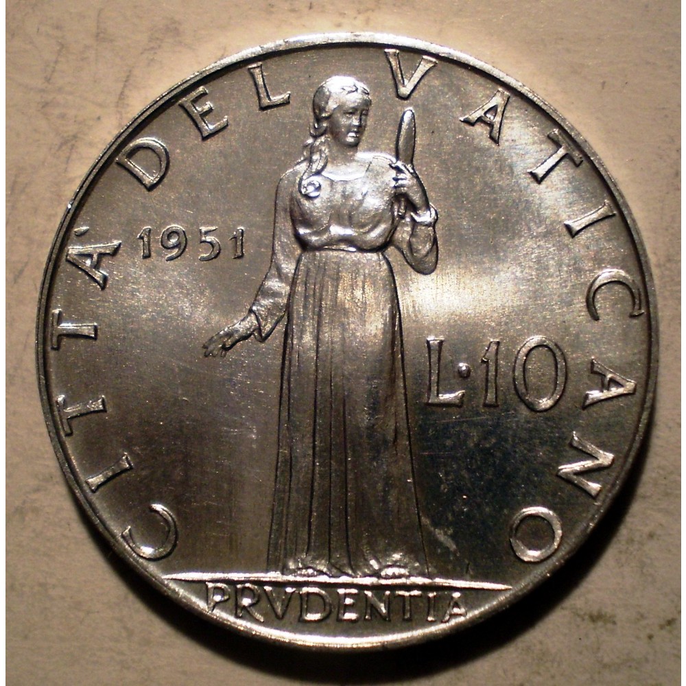F.244 VATICAN PAPA PIUS XII PRUDENTIA 10 LIRE 1951 XF/AUNC arhiva