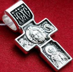 Cruce ortodoxa de rit vechi Rusia, Isus/ Sf. Nicolae / Arhanghelul Mihail, argint .925 foto