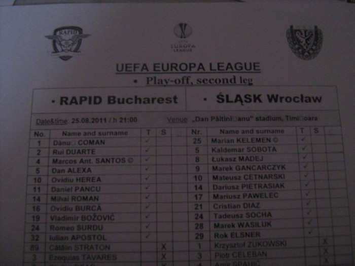 Rapid Bucuresti - Slask Wroclaw (25 august 2011) / foaie de joc