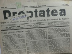 ZIARUL &amp;quot; DREPTATEA &amp;quot; - CERNAUTI 8 AUGUST 1926 - ORGAN AL PARTIDULUI POPORULUI A L GENERALULUI AVERESCU - ADRESAT D-LUI PROF MAXIMILIAN HACMAN foto