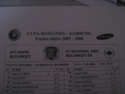 Rapid Bucuresti - FC National Bucuresti (17 mai 2006), Finala Cupei Romaniei / foaie de joc foto