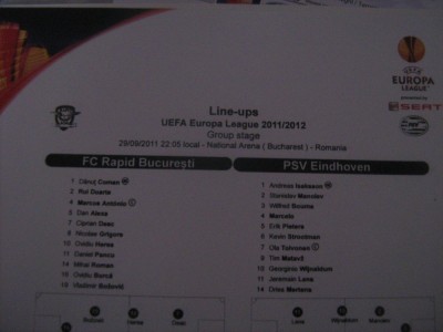 Rapid Bucuresti - PSV Eindhoven (29 septembrie 2011) / foaie de joc foto