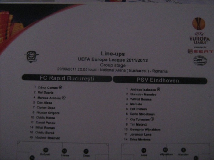 Rapid Bucuresti - PSV Eindhoven (29 septembrie 2011) / foaie de joc