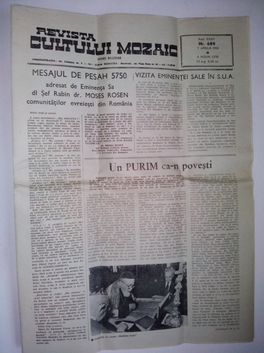 Revista iudaica, evreiasca - Revista Cultului Mozaic 1 aprilie 1990 / Nr. 689 - editata de catre Federatia Comunitatilor Evreiesti din Romania