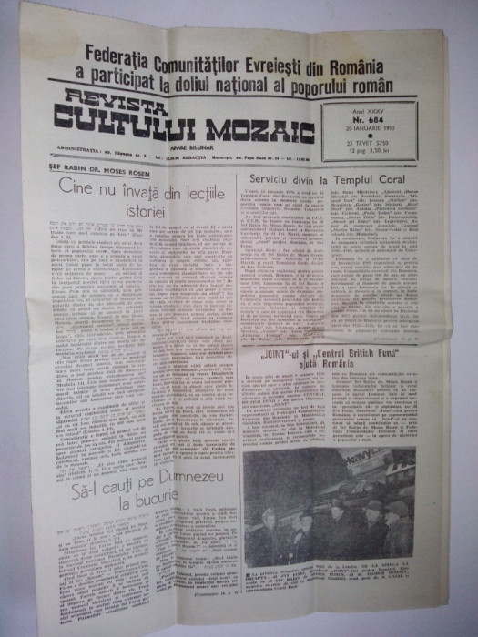 Revista iudaica, evreiasca - Revista Cultului Mozaic 20 ianuarie 1990 / Nr. 648 - editata de catre Federatia Comunitatilor Evreiesti din Romania