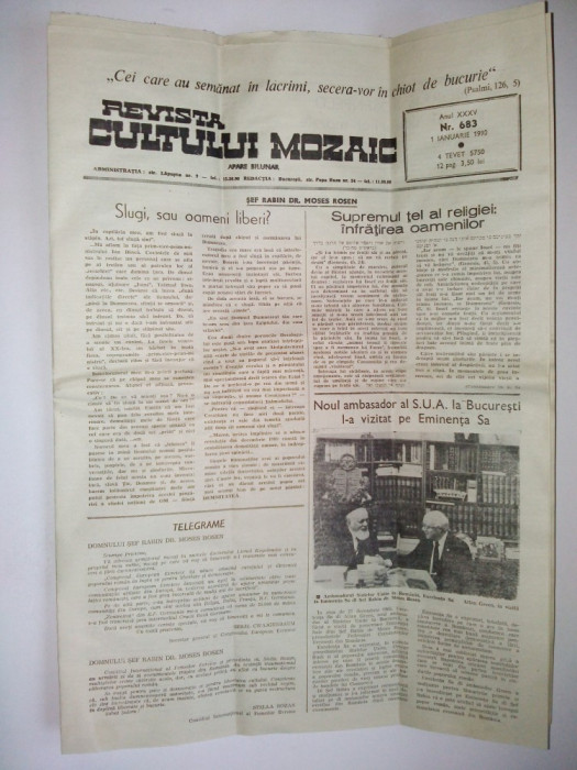 Revista iudaica, evreiasca - Revista Cultului Mozaic 1 ianuarie 1990 / Nr. 683 - editata de catre Federatia Comunitatilor Evreiesti din Romania