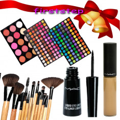 Trusa machiaj profesionala 183 culori MAC blush + set 12 pensule make-up + Fond de ten Anticearcan Concealer MAC + CADOU Craciun Tus MAC eye liner foto