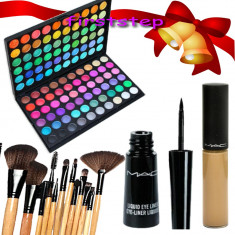 Trusa machiaj profesionala 120 culori MAC + set 12 pensule make-up + Fond de ten Anticearcan Concealer MAC + CADOU Craciun Tus MAC eye liner foto