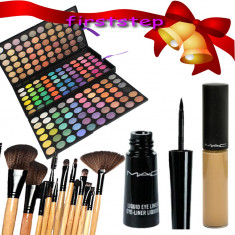 Trusa machiaj profesionala 180 culori MAC + set 12 pensule make-up + Fond de ten Anticearcan Concealer MAC + CADOU Craciun Tus MAC eye liner foto