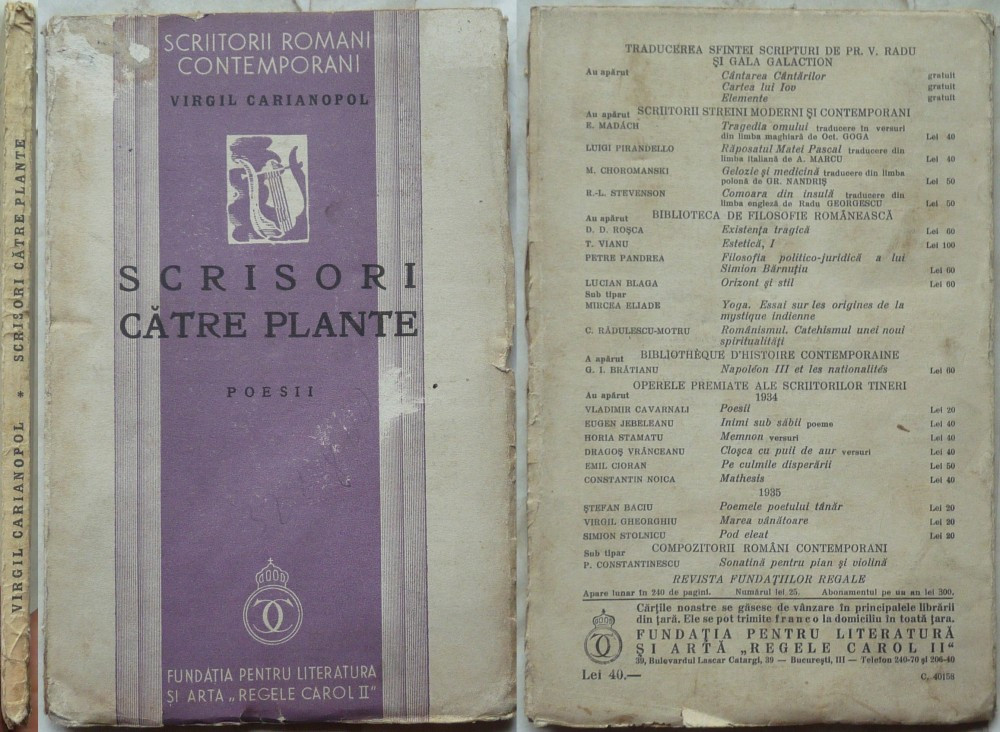 Virgil Carianopol , Scrisori catre plante , Poezii , 1936 , editia 1,  avangarda, Alta editura | Okazii.ro