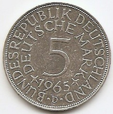 Germania 5 Deutsche mark 1965 Argint 11.2g-0. 625 KM-112.1 foto