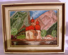 Tablou vechi pictat pe panza cu ulei cu rama din lemn cu biserica 30cm/24cm foto