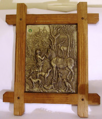 Tablou cu aplica din zinc cu rama din lemn pe tema de vanatoare 51cm/42cm foto