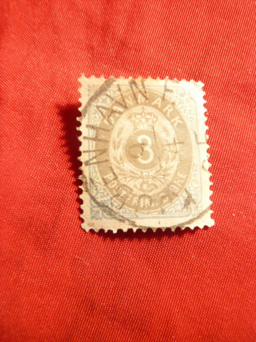 Timbru 3 Ore 1875 albastru si gri Danemarca , stamp.