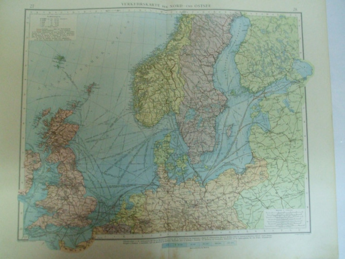 Harta color Traficul naval in Marea Nordului si Marea Baltica cu Norvegia Suedia Danemarca Finlanda Rusia Imperiul German Anglia Scotia Leipzig 1899