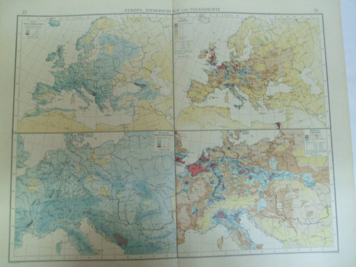 Harta color Europa Cantitatea de precipitatii si densitatea populatiei Leipzig 1899