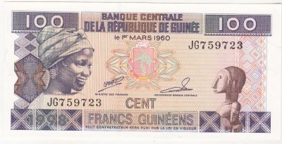 bnk bn Republica Guineea 100 franci 1960 unc foto