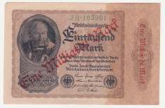 (6) BANCNOTA GERMANIA - 1 MILLIARDE MARK 1922 (15 DECEMBRIE 1922), SUPRATIPAR, FILIGRAN CU SPIRALA, SERIE CU CIFRE MARI, STARE BUNA foto