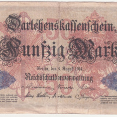 (2) BANCNOTA GERMANIA - 50 MARK 1914 (5 AUGUST 1914) - SERIE DIN 6 CIFRE, MAI RARA